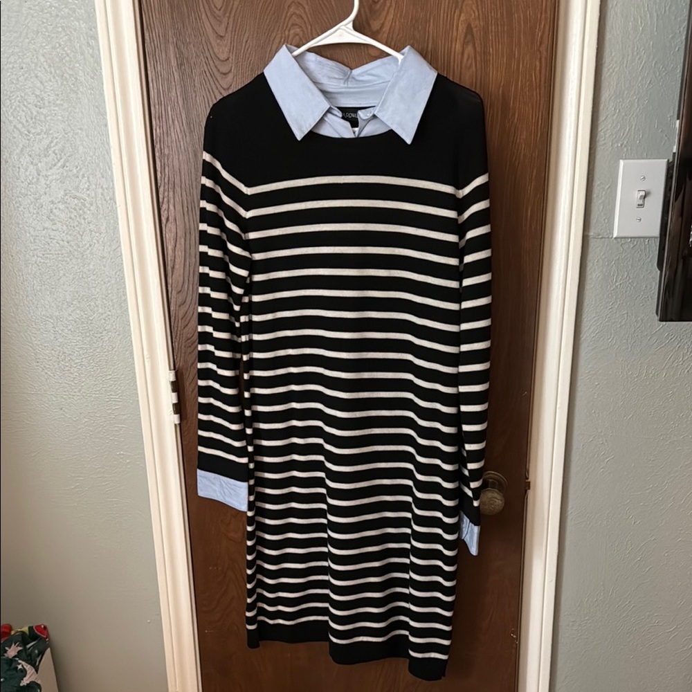 Striped Navy and White Sweater Dress with Blue Collar